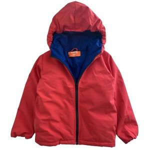 Operation Warm Jacket Girls Puffer Size 7/8 Red Blue Fleece Lined Hooded Coat